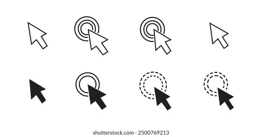 Cursor. Hand clicking icon. Click icon. Clicking cursor or pointer icon. Arrow icons set and loading icons. Click mouse cursor icons. Vector illustration