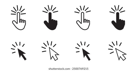 Cursor. Hand clicking icon. Click icon. Clicking cursor or pointer icon. Arrow icons set and loading icons. Click mouse cursor icons. Vector illustration