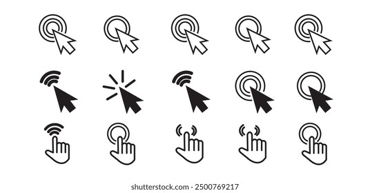 Cursor. Hand clicking icon. Click icon. Clicking cursor or pointer icon. Arrow icons set and loading icons. Click mouse cursor icons. Vector illustration