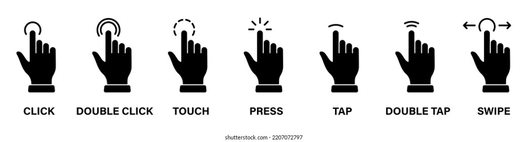 Cursor Hand Computer Mouse Silhouette Icon. Pointer Finger Black Glyph Pictogram Set. Click Press Double Tap Touch Swipe Point Gesture on Cyberspace Website Sign. Isolated Vector Illustration.