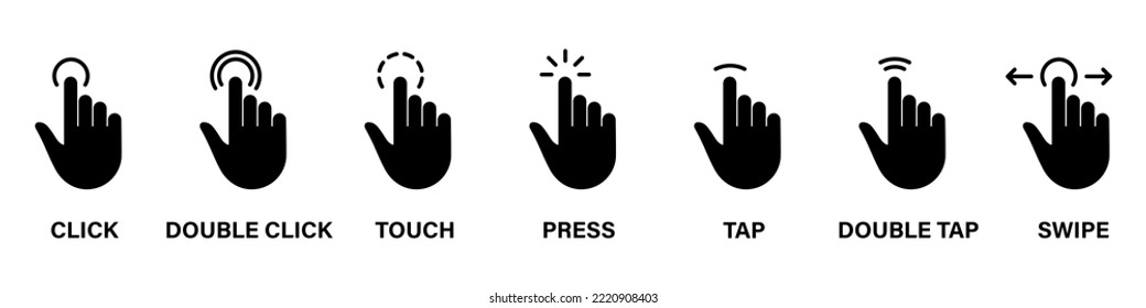 Cursor Hand Computer Mouse Silhouette Icon. Pointer Finger Black Glyph Pictogram Set. Click Press Double Tap Touch Swipe Point Gesture on Cyberspace Website Sign. Isolated Vector Illustration.