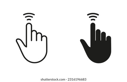 Mano del cursor, línea de aceleración del ratón del ordenador y juego de iconos negros de la silueta. Pictograma del dedo del puntero. Pulse, Tap, Touch, Click, Point Gesture Sign Collection. Ilustración de vectores aislados.