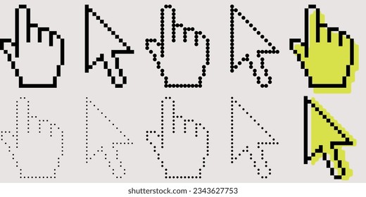 Cursor and hand, pixel options. Set of cursor and hand, dotted, pixelated, filled.