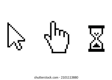  Cursor hand pointer and sand clock pixel icon set.High quality vector illustration.