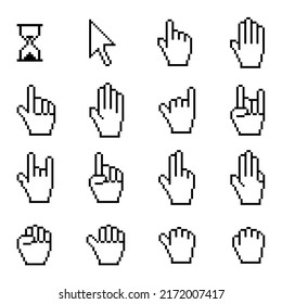 Cursor, cursor hand pointer and sand clock pixel icon set . Vector illustration