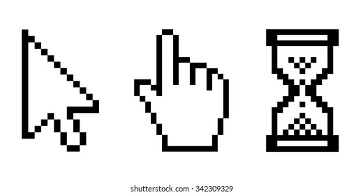 Cursor , puntero de la mano del cursor y conjunto de iconos de píxeles del reloj de arena . Ilustración del vector