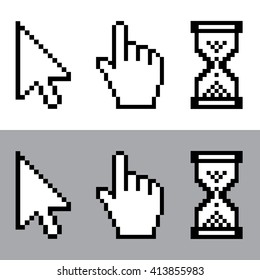 Cursor , cursor hand pointer and sand clock pixel icon set . Vector illustration