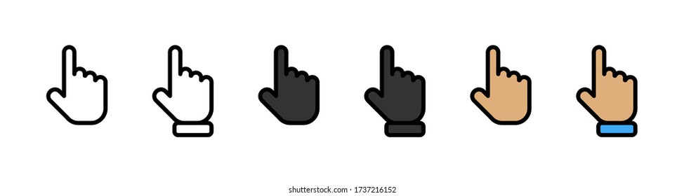 Manos del cursor. Haga clic en las manos. Cursor haciendo clic con la mano en un diseño diferente. El cursor hace clic en iconos vectoriales, aislados. Ilustración del vector