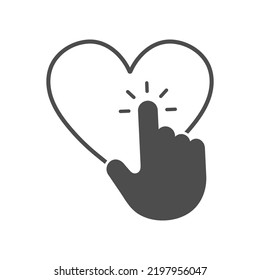 Cursor icon click on the heart icon. The arrow points to the heart icon. Flat style