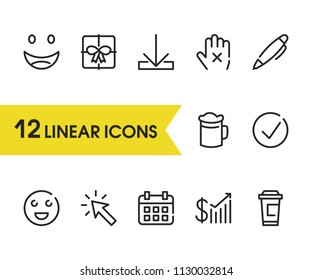 Cursor icon with coffee cup, approved and smile symbols. Set of happy, calendar, laugh icons and loading concept. Editable vector elements for logo app UI design.
