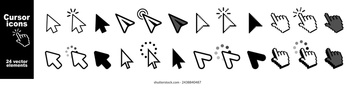 Cursor icon. Computer mouse click cursor arrow icons set and loading icons. Isolated on transparent background