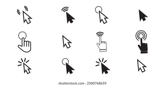 Cursor icon, hand pointer and arrow symbols in diverse styles. versatile cursor pointer vector graphics