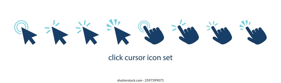 Cursor icon, hand pointer clicking. Arrow cursor. Mouse click cursor collection. Vector illustration