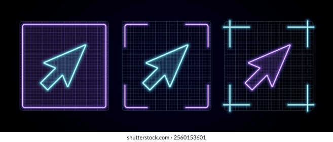 Cursor icon illustration, cyber neon visual, glowing border grid vector.