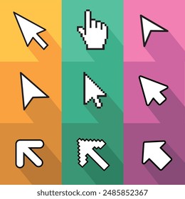 Icono del cursor. Icono de estilo plano de diseño moderno con efecto de sombra larga. Hacer clic Botón. Icono de Go. Vector del cursor del ratón. Icono del puntero del ratón.