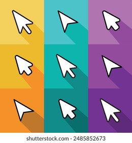 Cursor icon. Modern design flat style icon with long shadow effect. Click button. Go icon. Mouse cursor vector. Mouse pointer icon.