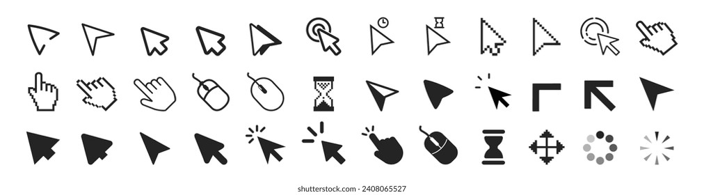 Cursor icon. Mouse click cursor collection. Computer mouse click cursor arrow icons set and loading icons