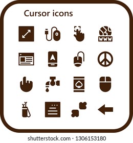 cursor icon set. 16 filled cursor icons.  Simple modern icons about  - Resize, Mouse, Touch, Www, Web, Arrow, Peace sign, Tap, Online gambling, Website, Back