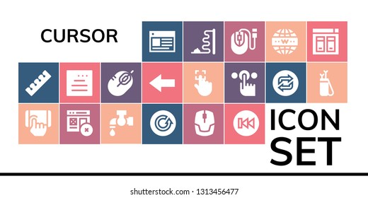 cursor icon set. 19 filled cursor icons.  Collection Of - Web, Finger, Tap, Refresh, Mouse, Previous, Website, Back, Touch, Loop, Arrow, Internet