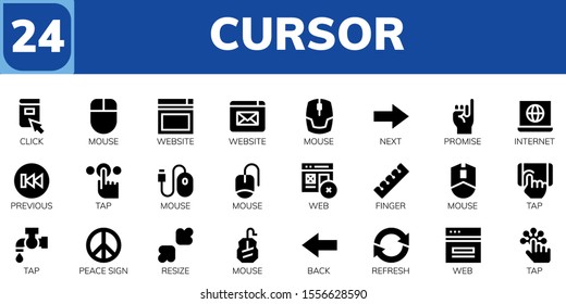 cursor icon set. 24 filled cursor icons.  Collection Of - Click, Mouse, Website, Next, Promise, Internet, Previous, Tap, Web, Finger, Peace sign, Resize, Back, Refresh icons