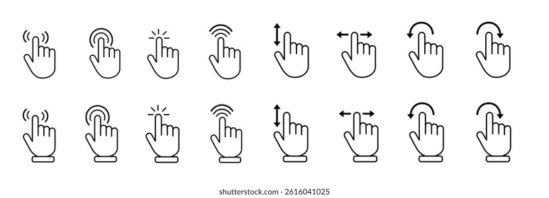 Cursor icon set with arrow, hand pointer, click effects, hourglass, magnifier, and touch screen symbols. Classic UI cursor pack for apps, web, and digital interface. Vector illustration.