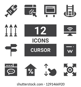 cursor icon set. Collection of 12 filled cursor icons included Direction, Touch screen, Arrow, Website, Domain, Directions, Internet, Shortcut, Arrows, Finger