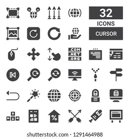 cursor icon set. Collection of 32 filled cursor icons included Website, Finger, Arrows, Arrow, Web, Direction, Regeneration, Internet, Magic tool, Undo, Directions, Pixel, Reload