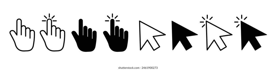 Cursor icon set. computer click arrow vector symbol. web mouse pointer sign. finger point line icon. touch, tap or select symbol.
