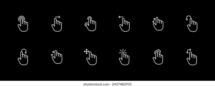 Cursor icon set. Controls, touchpad, sensor, swipe, pinch, adjust, scroll. White line icon on black background. Vector line icon for business and advertising