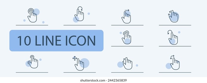 Cursor-Symbolsatz. Bedienelemente, Touchpad, Sensor, Wischen, Kneifen, Anpassen, Scrollen. 10-Linien-Symbolstil. Vektorliniensymbol für Unternehmen und Werbung