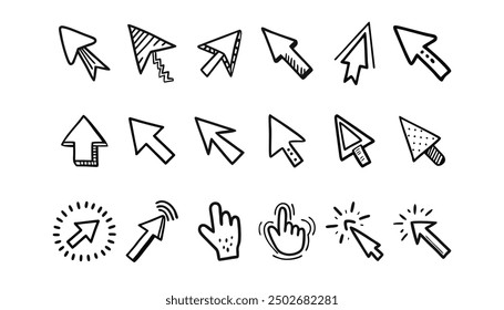 Conjunto de iconos de cursor. Conjunto de iconos de Hacer clic Doodle. Cursor del ratón dibujado a mano. Ilustración vectorial dibujada a mano. Aislado sobre fondo blanco.