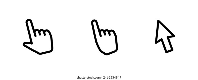 Cursor icon set. Finger pointer pictogram. Arrow symbol. Hand icon. Web or app interface outline vector illustration isolated.