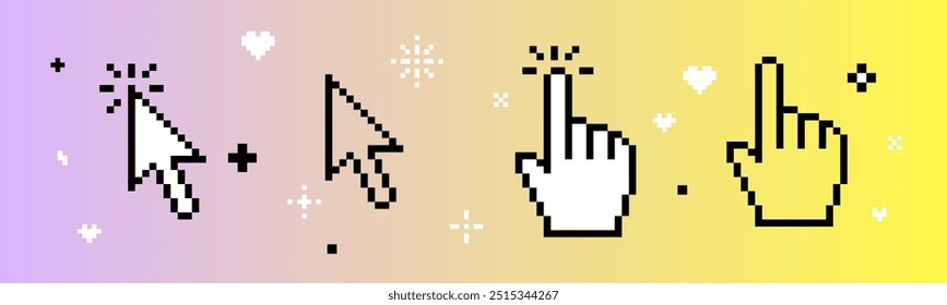 Cursor icon set. Hand click icon. Mouse arrow pointer in pixel art. Y2k pixel elements. Mood of 90's. Cyber aesthetic. 8-bit retro style vector illustration. Vector black and white elements