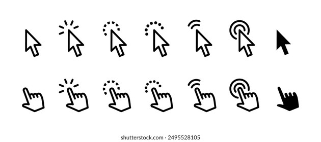 Cursor icon set. Mouse pointer symbol collection. Finger cursor vector illustration. Arrow click sign. Web interface pointer collection isolated.