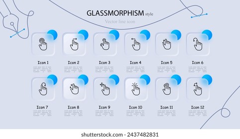 Conjunto de iconos del cursor. Ratón, acercar, alejar, controlar, deslizar, mantener. Estilo de morfismo de vidrio. Icono de línea vectorial para negocios y publicidad