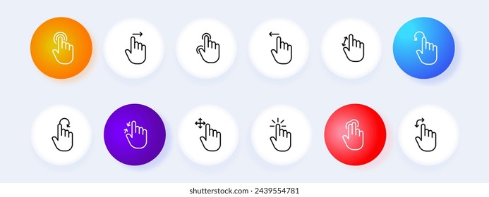 Conjunto de iconos del cursor. Ratón, acercar, alejar, controlar, deslizar, mantener. Estilo neomorfista. Icono de línea vectorial para negocios y publicidad