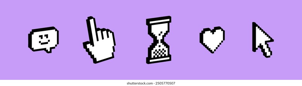 Cursor icon set in pixel art. Click finger. 3D mouse arrow pointer. Cursor mouse. 3D hand cursor icon.
Mood of 90's aesthetics. 8-bit retro style pixelated vector illustration. Simple geometric form