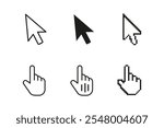 Cursor icon. Vector arrow pointer. Computer mouse click sign. Isolated web cursor set. Hand with finger on white background.