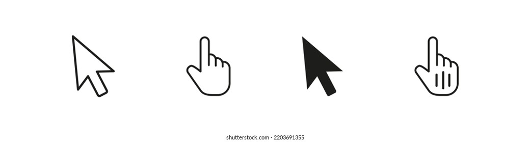 Cursor icon. Vector arrow pointer. Computer mouse click sign. Isolated web cursor set. Hand with finger on white background.