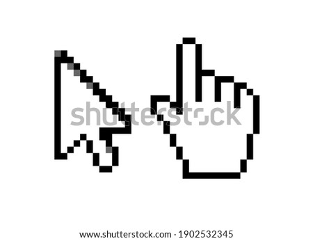 Cursor icons made in pixel art style. Pointer arrow and hand.