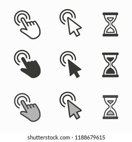 Cursor icons. Mouse, hand, arrow, hourglass illustration isolated on white.
