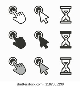 Cursor icons. Mouse, hand, arrow, hourglass illustration isolated on white.