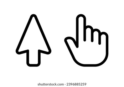 Cursor icons. Outline, arrow and finger cursors, tap design. Vector icons