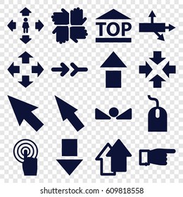 Cursor icons set. set of 16 cursor filled icons such as pointing, mouse, man move, top of cargo box, touchscreen, arrow up, pointer, arrow, move, arrow down