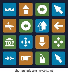 Cursor icons set. set of 16 cursor filled icons such as arrow left, arrow right, pointing, mouse, man move, top of cargo box, pointer, move