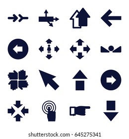 Cursor icons set. set of 16 cursor filled icons such as arrow left, arrow right, pointing, man move, touchscreen, pointer, move, hands