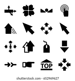 Cursor icons set. set of 16 cursor filled icons such as pointing, mouse, man move, top of cargo box, touchscreen, arrow up, pointer, arrow, move, arrow down