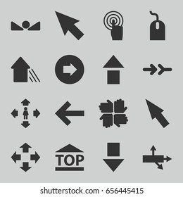 Cursor icons set. set of 16 cursor filled icons such as arrow right, mouse, man move, top of cargo box, touchscreen, arrow up, pointer, move, hands