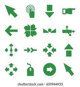 Cursor icons set. set of 16 cursor filled icons such as arrow right, pointing, mouse, man move, touchscreen, arrow up, pointer, move, hands