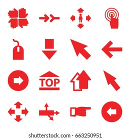 Cursor icons set. set of 16 cursor filled icons such as arrow left, arrow right, pointing, mouse, man move, top of cargo box, touchscreen, pointer, move, hands